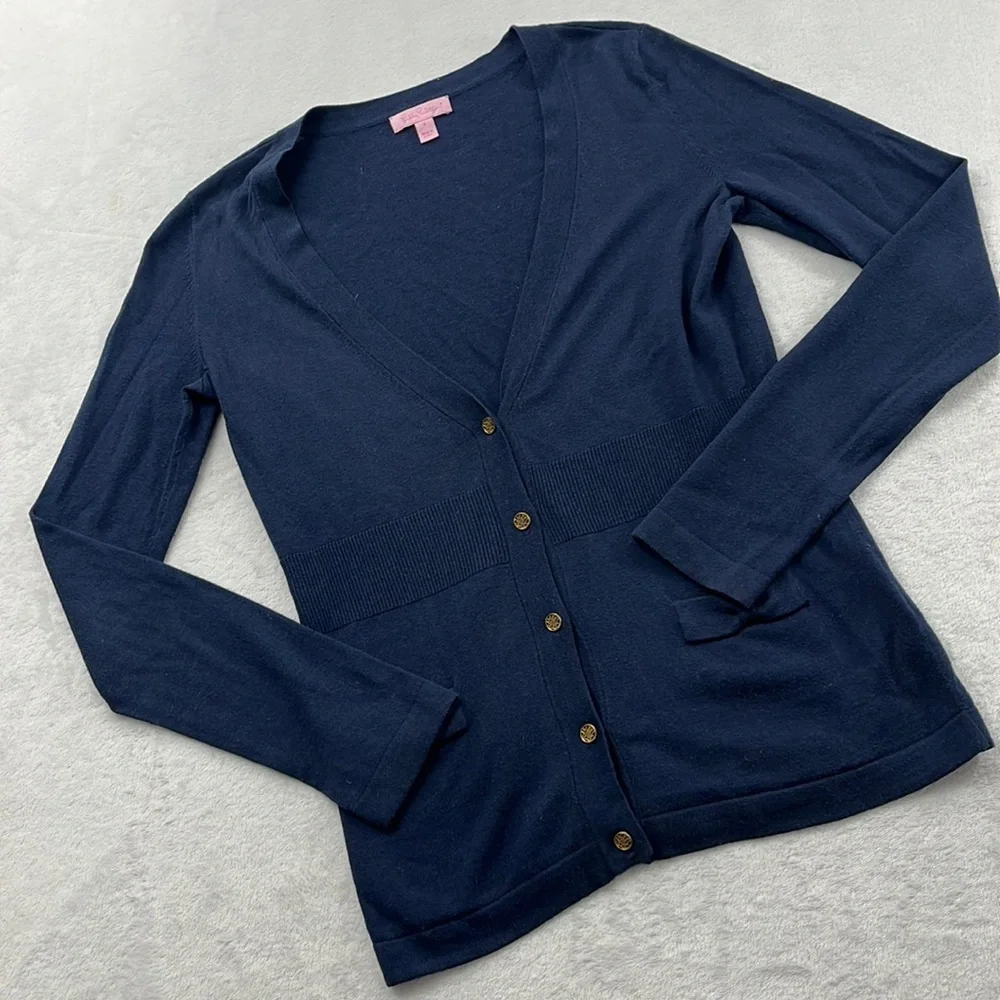 Lilly Pulitzer S Silk Cotton Navy Blue V Neck Button Cardigan Soft Sweater‎